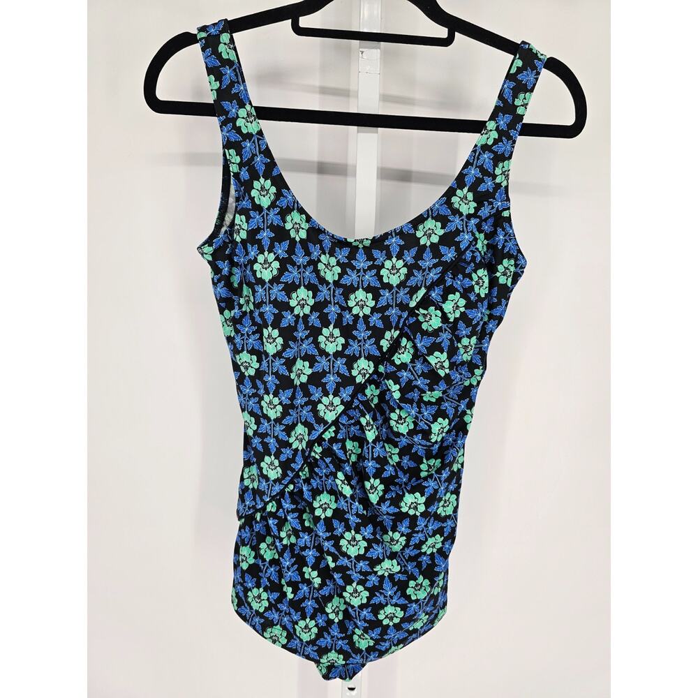 Vtg It Figures Womens Sz 14 One Piece Swimsuit Swim Dress Black Purple Floral